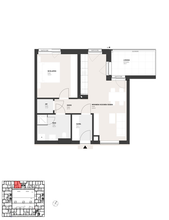 Exklusive 2-Raum-Wohnung in Ebelsberg – Erstbezug! Loggia/Balkon & Tiefgaragenplatz - Grundrissplan